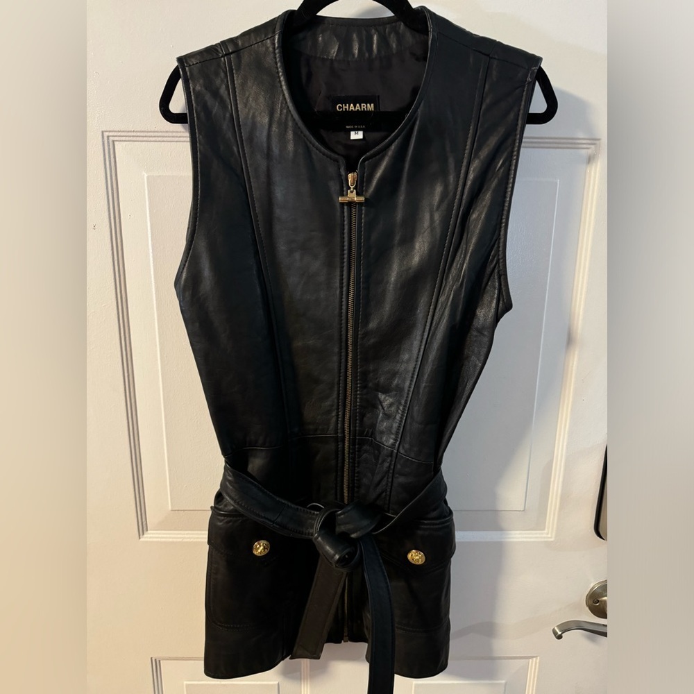 CHAARM Leather Women's Belted Zip Up Gold Button Vest Made in USA Luxury Vintage